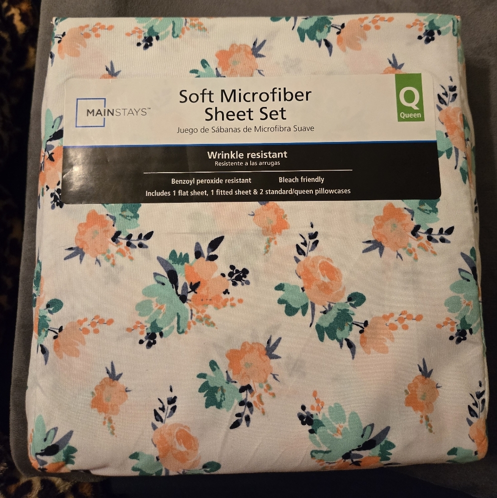 Mainstays Floral Microfiber Sheet Set - Queen, White and Orange